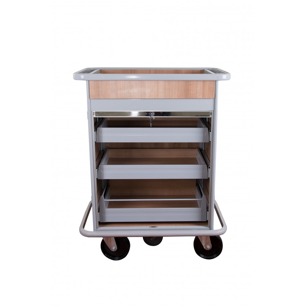 Τρόλεϊ τροφοδοσίας mini bar με 3 συρτάρια και ρολό με κλειδαριά RM1460S Εξοπλισμός Ξενοδοχείων